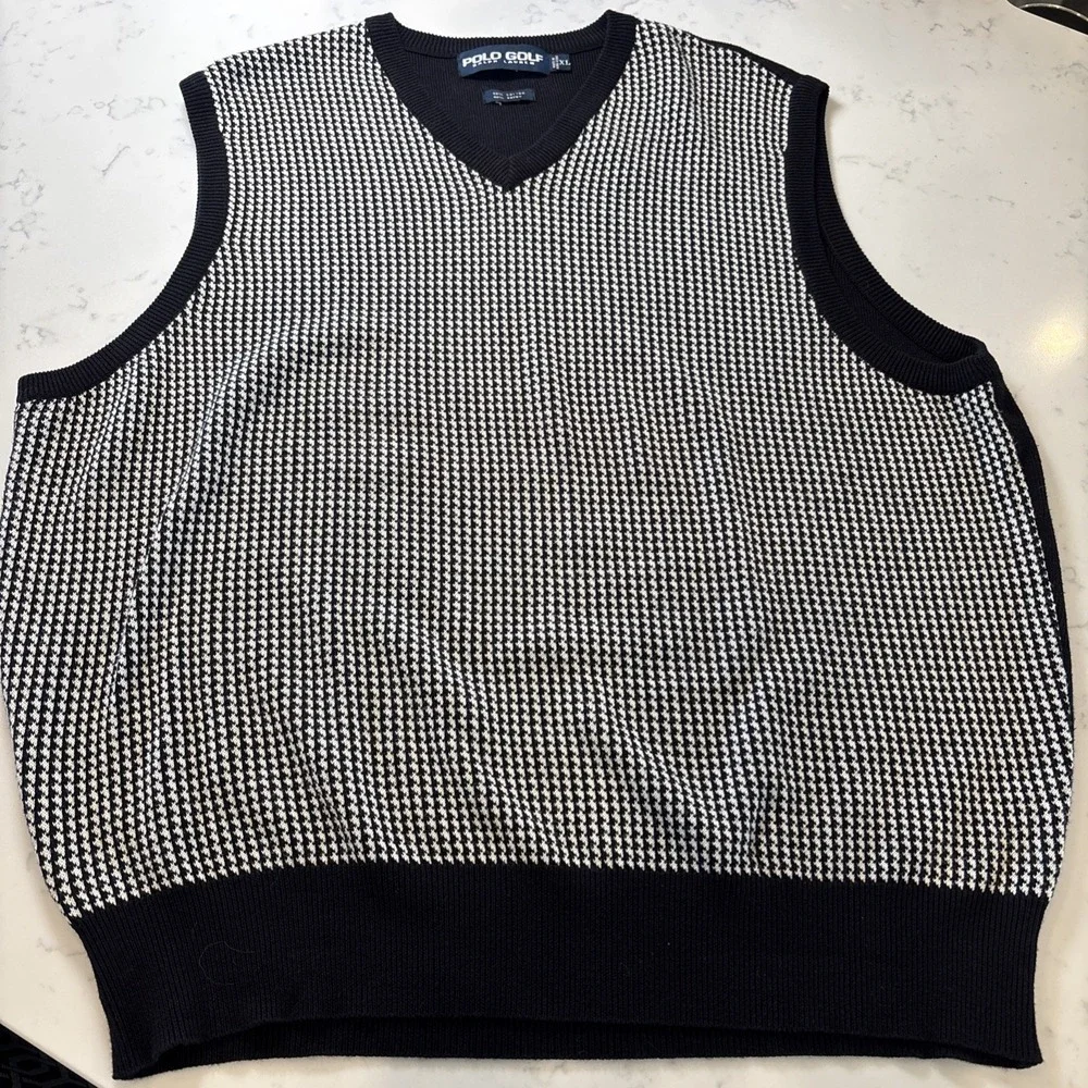 Ralph Lauren Polo Golf Sweater Vest Cotton Houndstooth Black White Grandpa XL